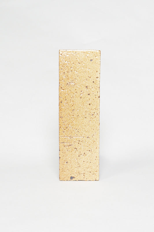Artisan Biscotti golden beige thin brick tile with a glossy glaze and dark speckles